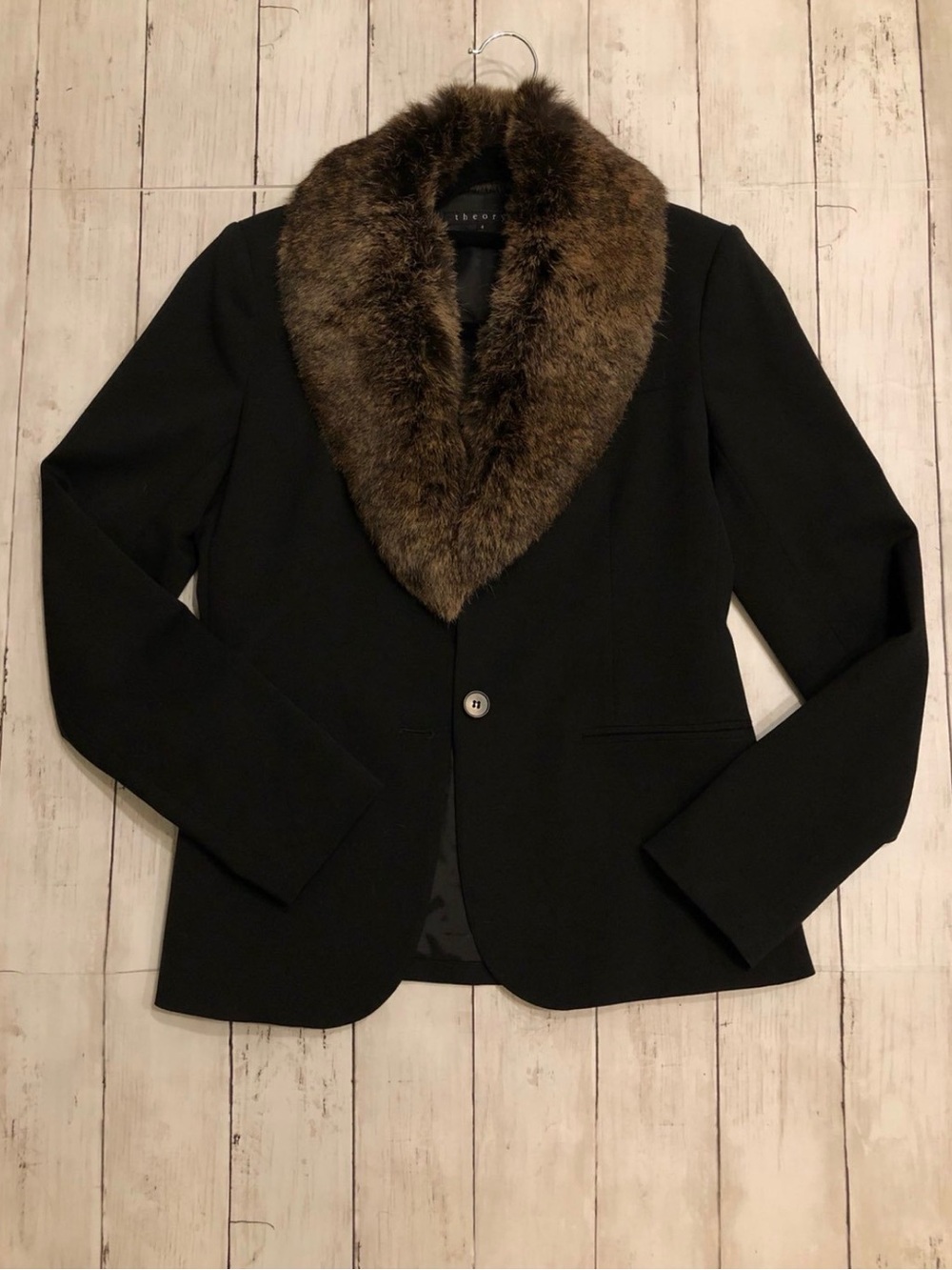 Theory Black Blazer With Real Rabbit Fur